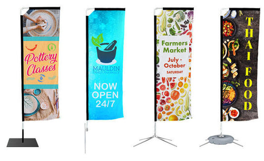 Rectangle Flag Banners
with aluminum tubes and maximum printable area for visibility. Made from 4 oz polyester.
