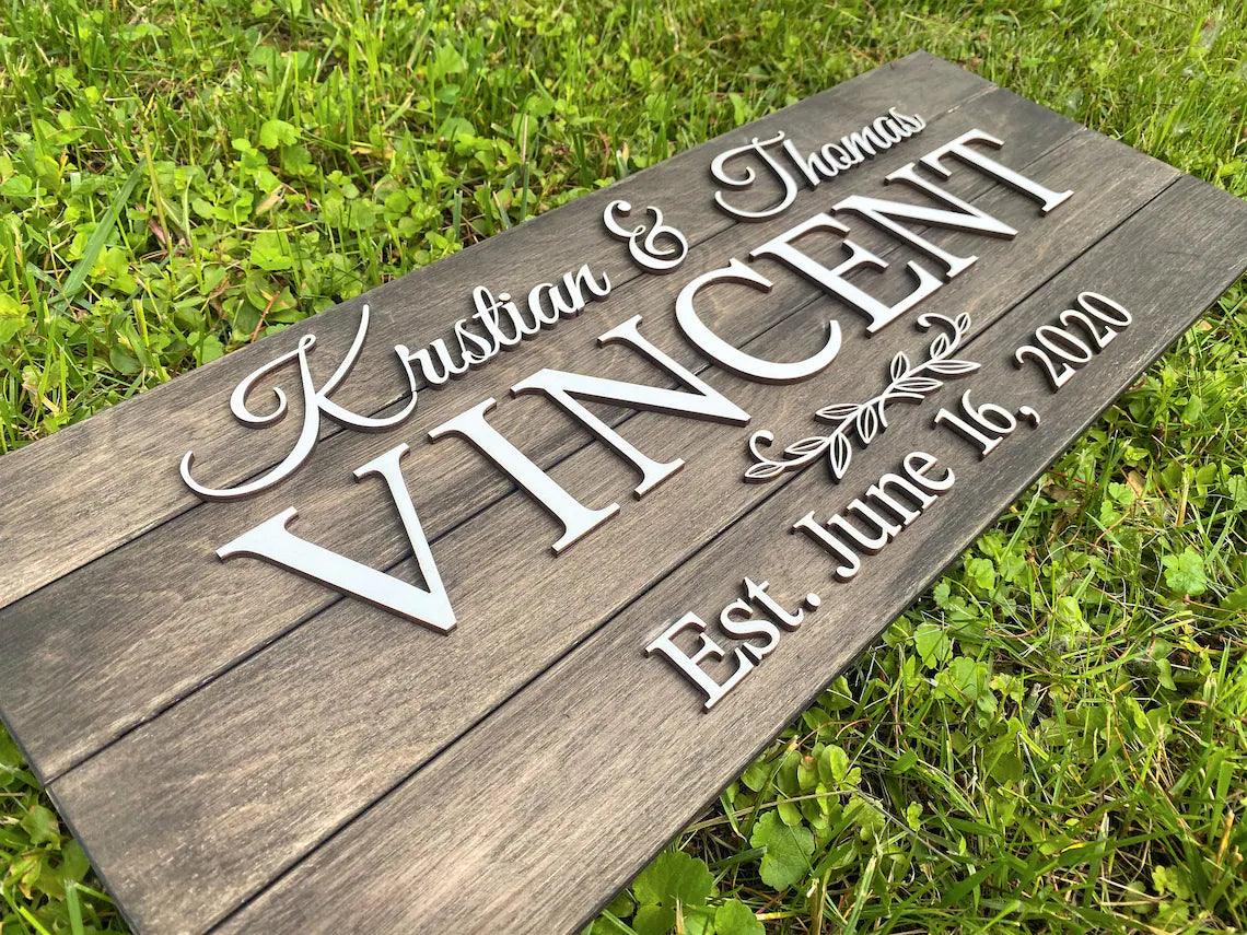 Personalized Family Name Custom Wood Sign, Fast Shipping, Custom Family Name Sign, Wedding Sign, 3D Sign, Established Sign, Rustic Home Wall Decor - Laser Culture